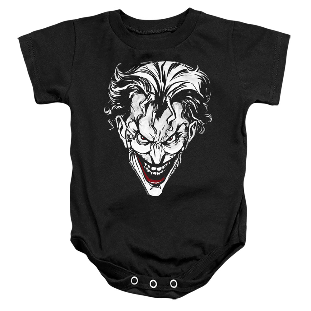 AN OFFCIALLY LICENSED BATMAN JOKER RED ON BLACK BABY BODYSUIT BLACK