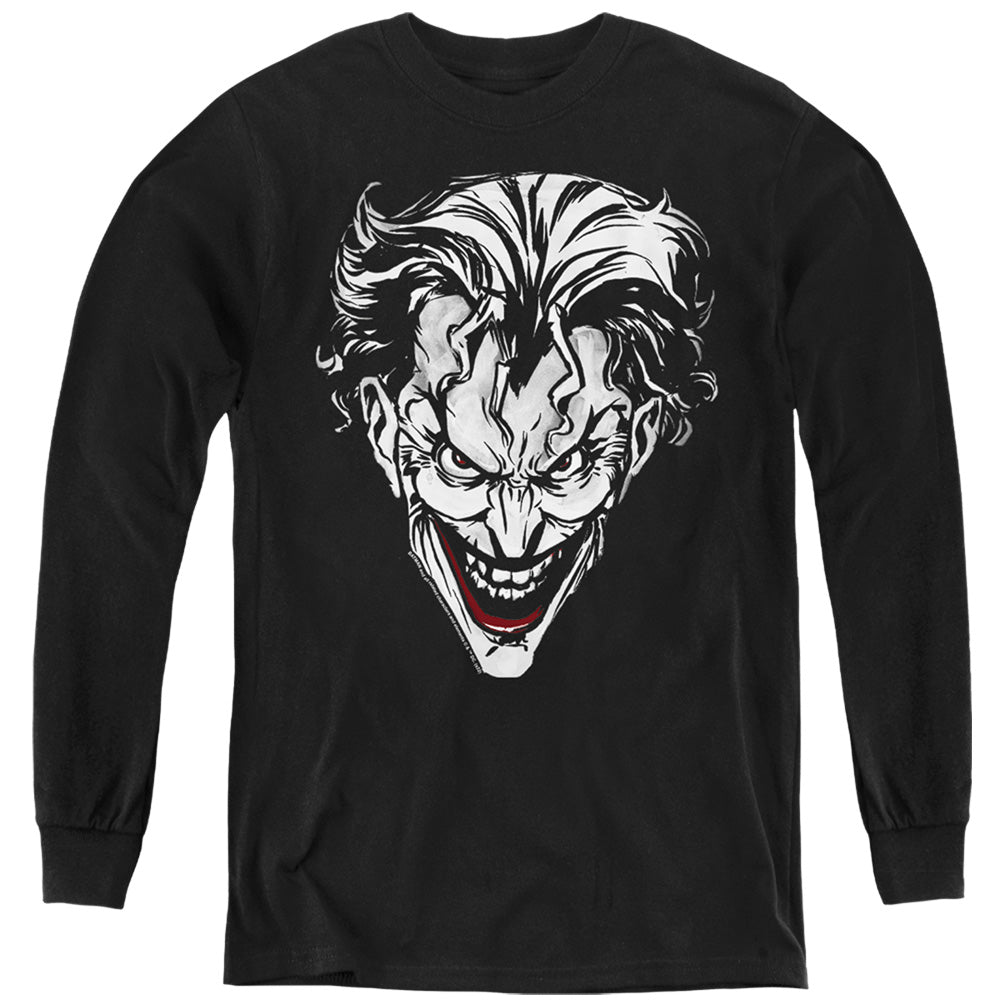 AN OFFCIALLY LICENSED BATMAN JOKER RED ON BLACK YOUTH LONG SLEEVE T-SHIRT BLACK