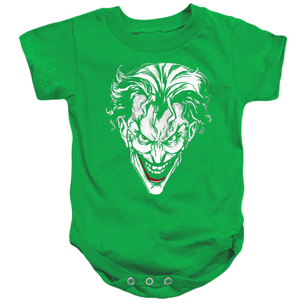 AN OFFCIALLY LICENSED BATMAN JOKER RED ON GREEN BABY BODYSUIT KELLY GREEN