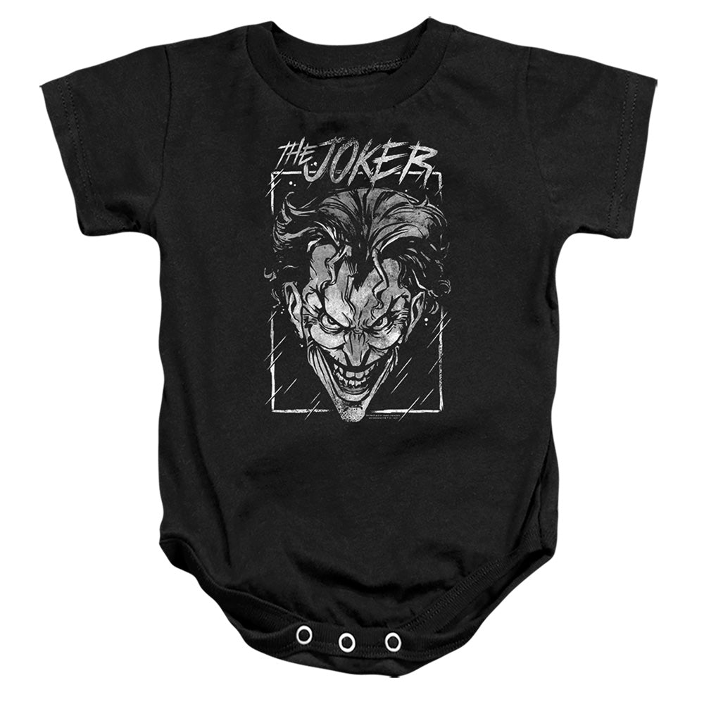 AN OFFCIALLY LICENSED BATMAN JOKER STORM ON BLACK BABY BODYSUIT BLACK