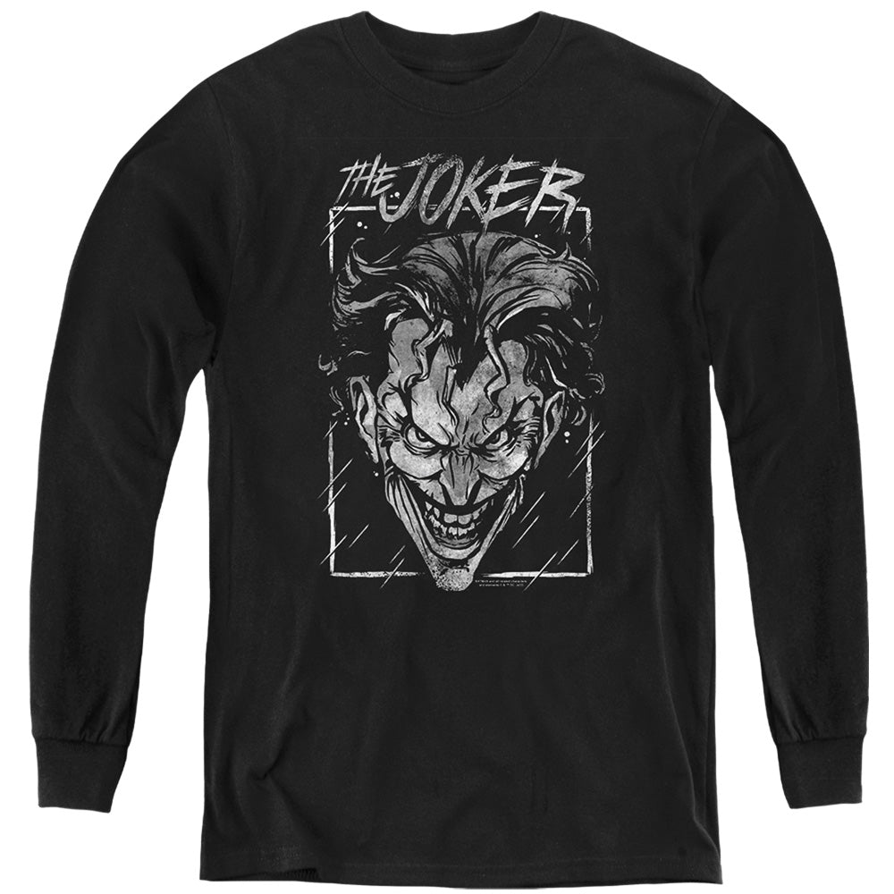 AN OFFCIALLY LICENSED BATMAN JOKER STORM ON BLACK YOUTH LONG SLEEVE T-SHIRT BLACK