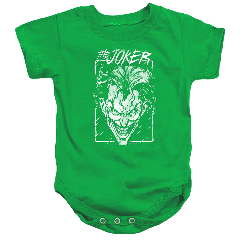 AN OFFCIALLY LICENSED BATMAN JOKER STORM ON GREEN BABY BODYSUIT KELLY GREEN