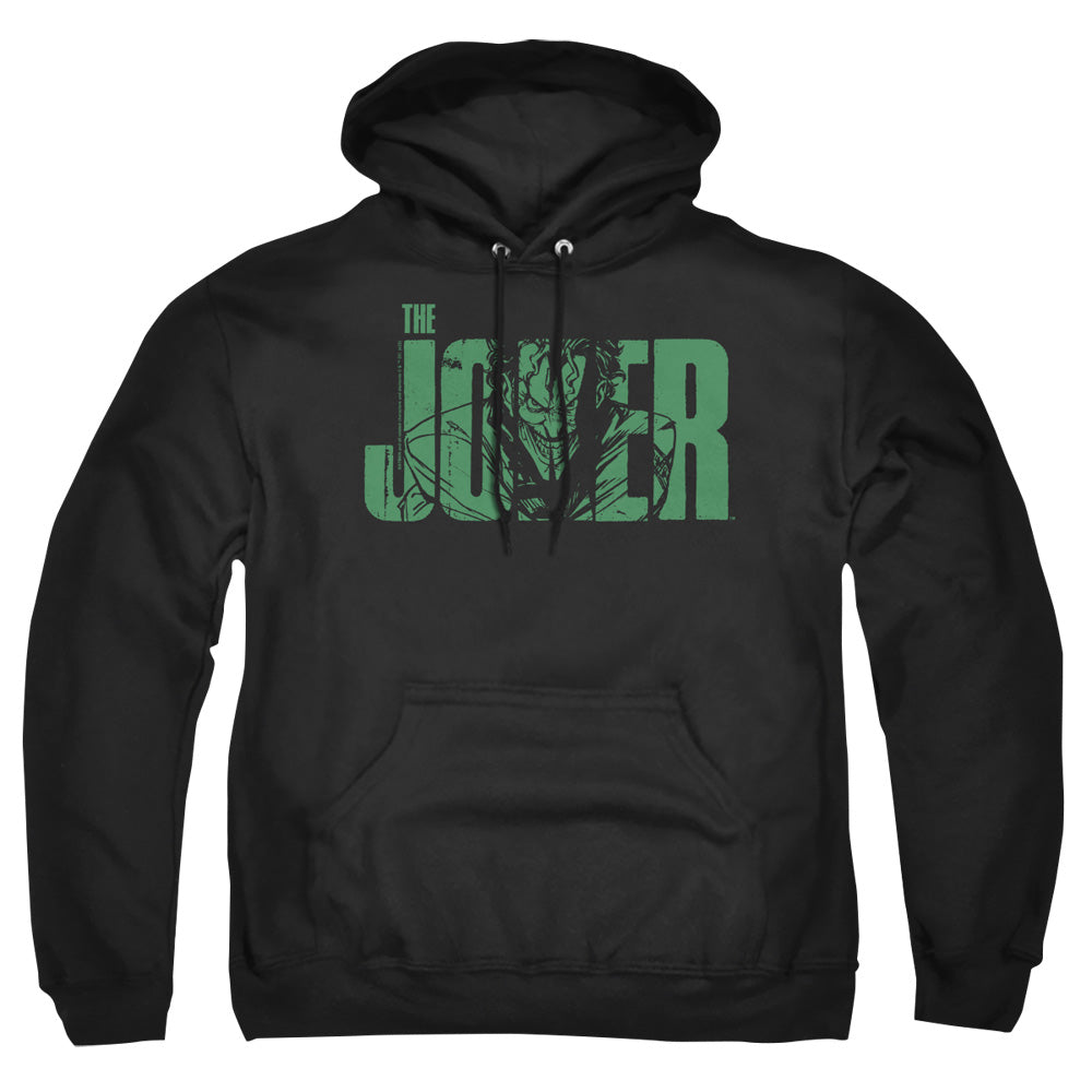 AN OFFCIALLY LICENSED BATMAN JOKER TEXT ON BLACK ADULT UNISEX PULLOVER HOODIE BLACK