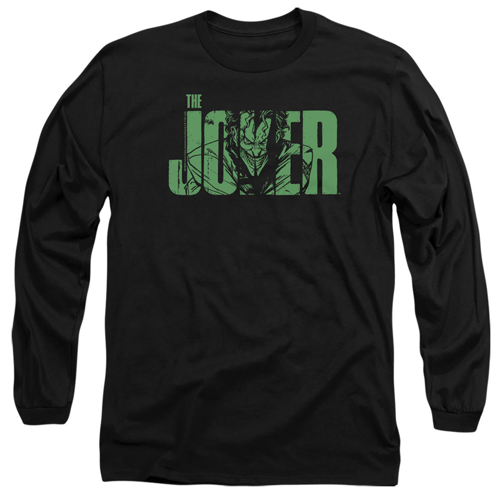 AN OFFCIALLY LICENSED BATMAN JOKER TEXT ON BLACK MEN'S LONG SLEEVE T-SHIRT BLACK