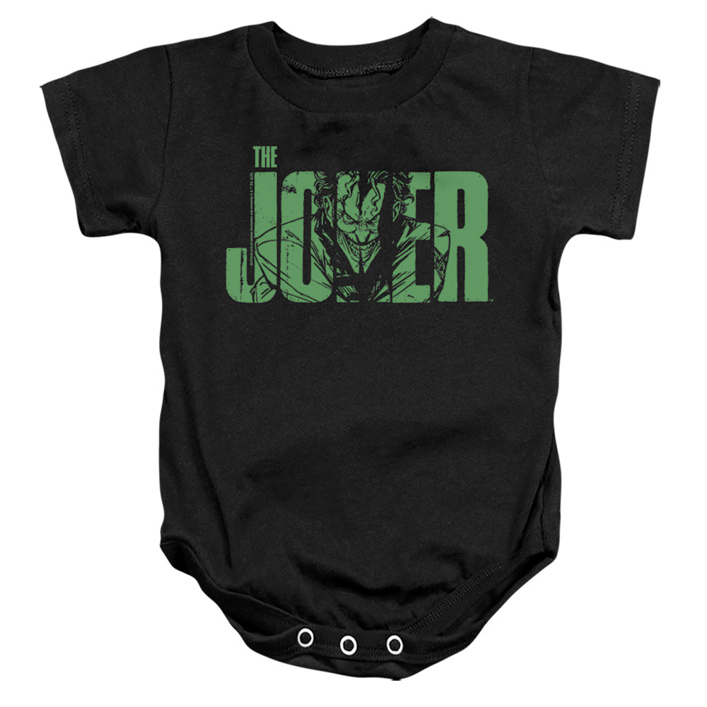 AN OFFCIALLY LICENSED BATMAN JOKER TEXT ON BLACK BABY BODYSUIT BLACK