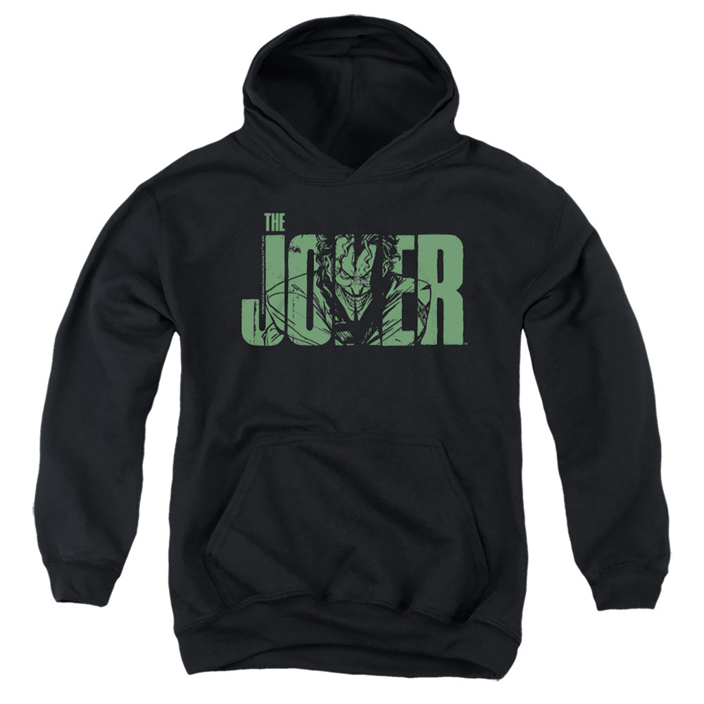 AN OFFCIALLY LICENSED BATMAN JOKER TEXT ON BLACK YOUTH HOODIE BLACK
