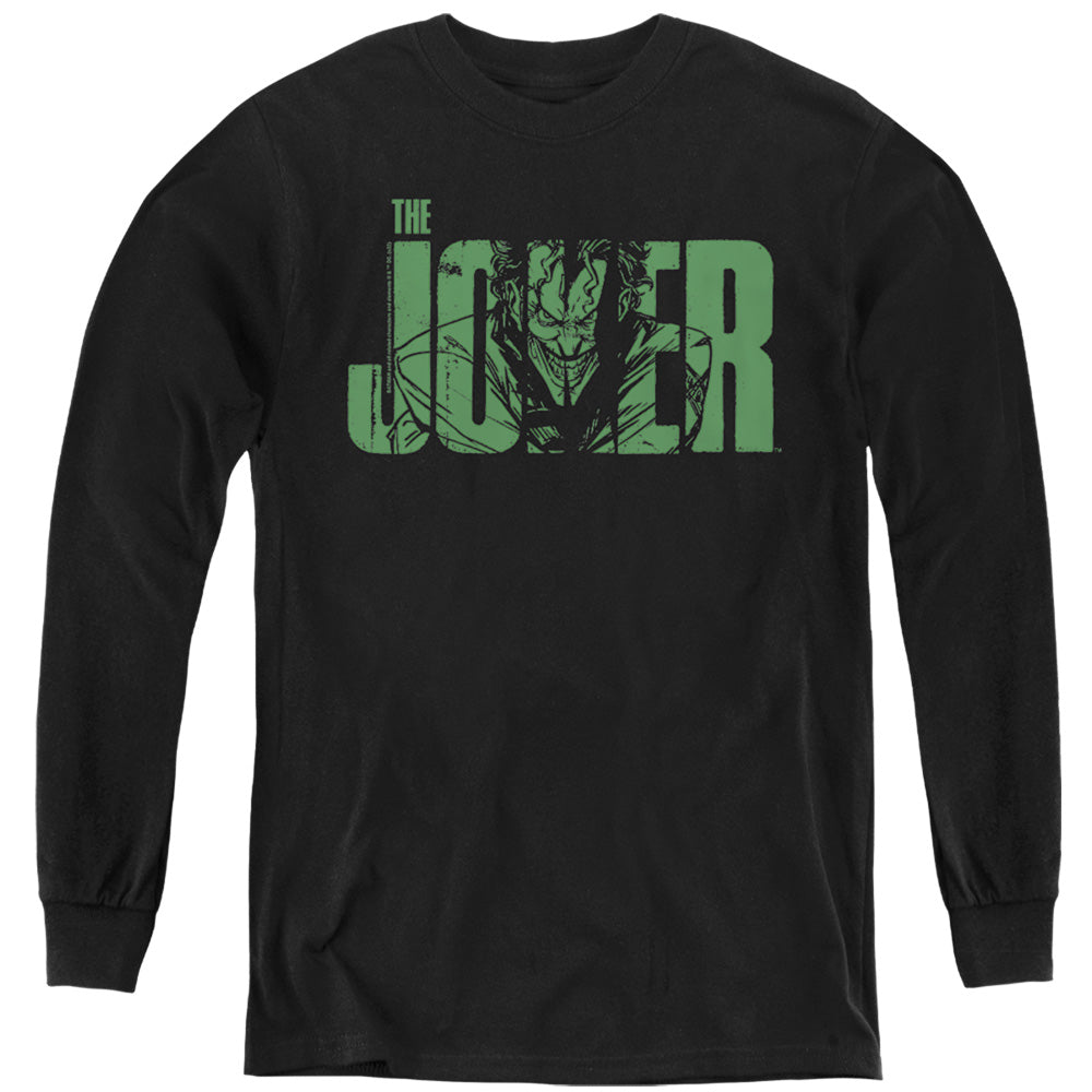 AN OFFCIALLY LICENSED BATMAN JOKER TEXT ON BLACK YOUTH LONG SLEEVE T-SHIRT BLACK