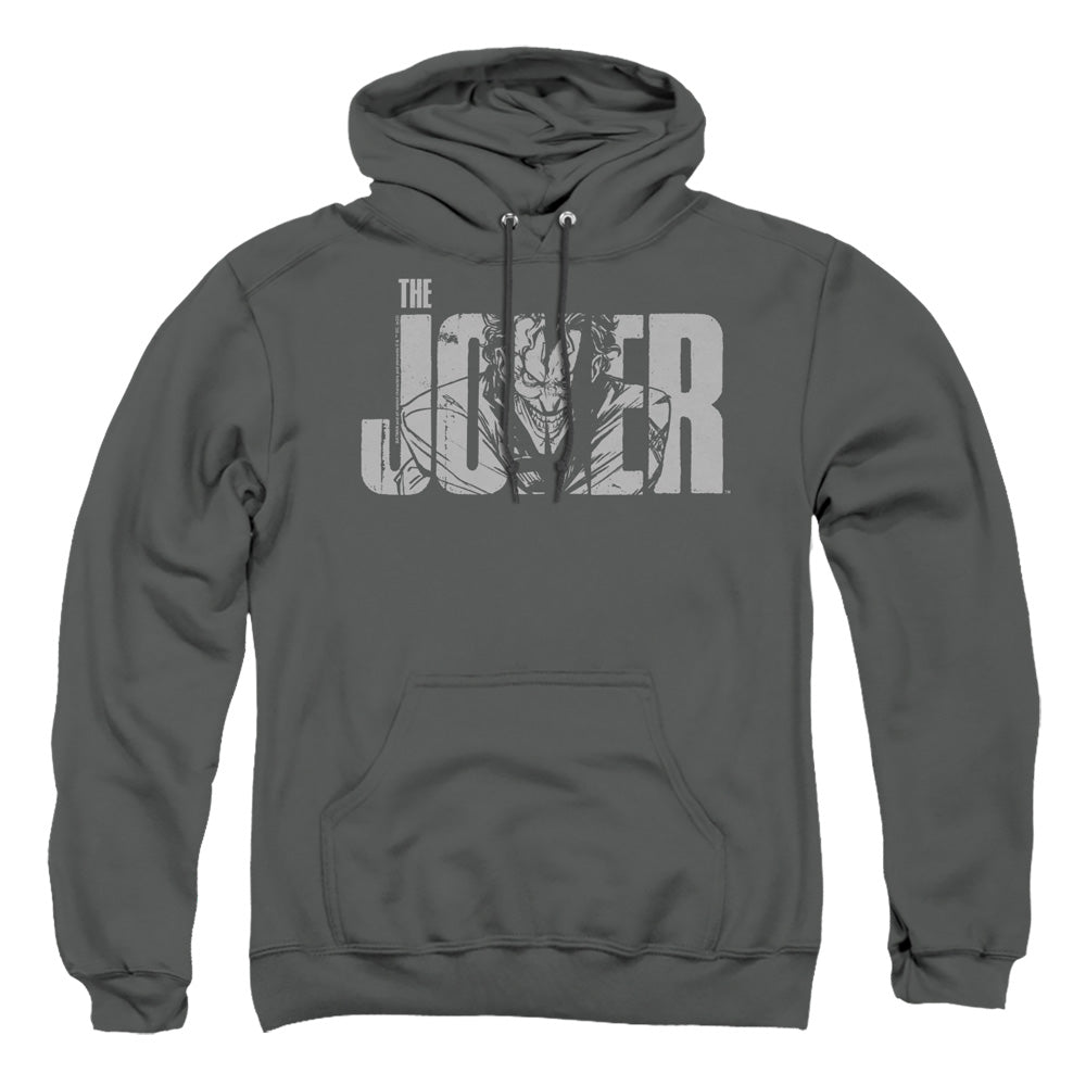 AN OFFCIALLY LICENSED BATMAN JOKER TEXT ON GRAY ADULT UNISEX PULLOVER HOODIE CHARCOAL
