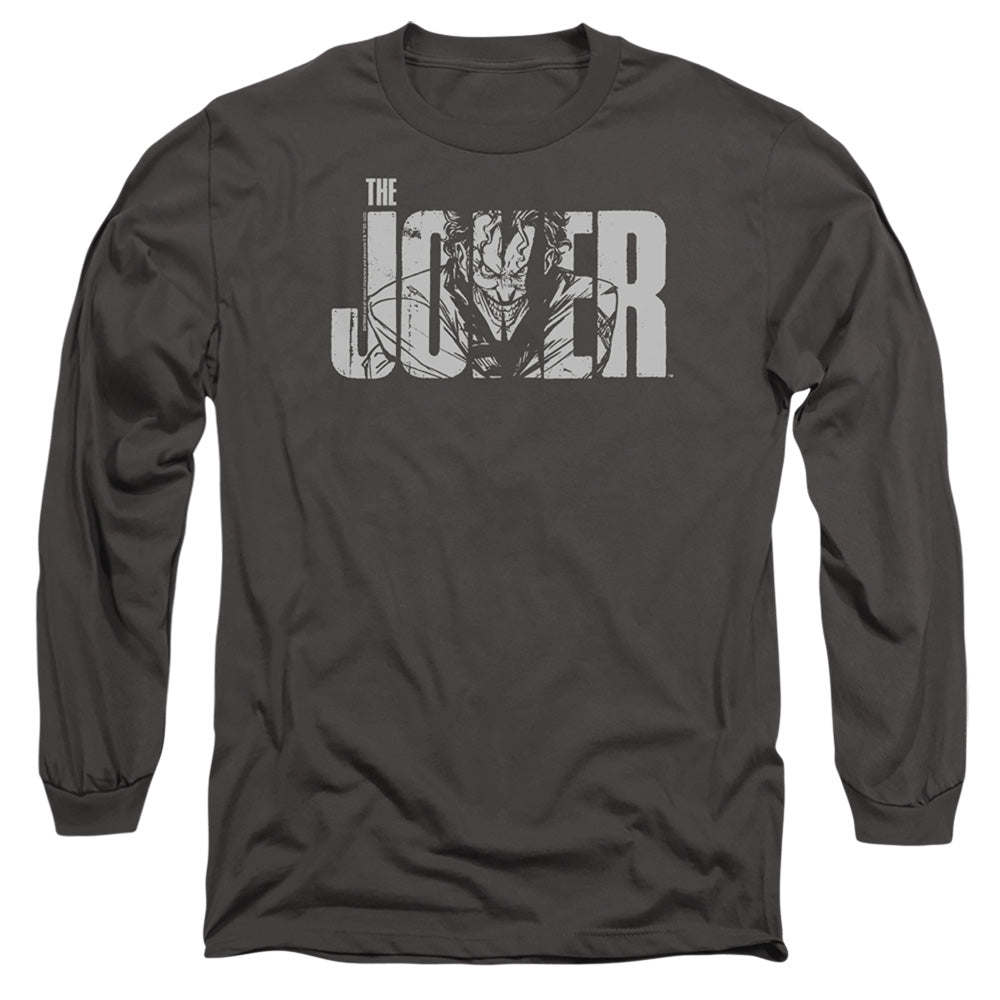 AN OFFCIALLY LICENSED BATMAN JOKER TEXT ON GRAY MEN'S LONG SLEEVE T-SHIRT CHARCOAL