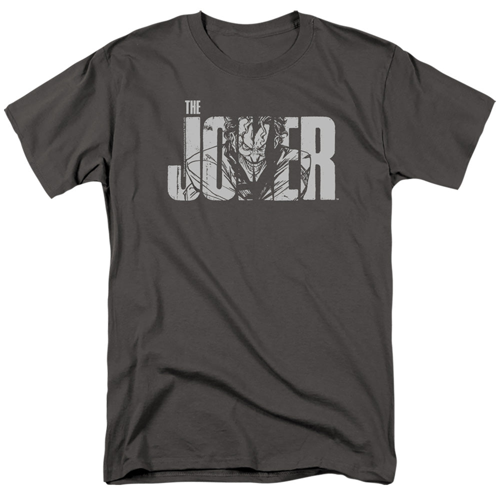 AN OFFCIALLY LICENSED BATMAN JOKER TEXT ON GRAY MEN'S REGULAR FIT T-SHIRT CHARCOAL