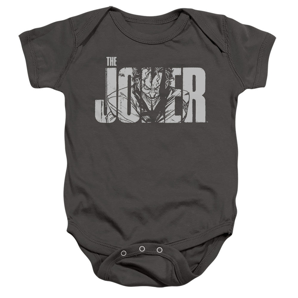 AN OFFCIALLY LICENSED BATMAN JOKER TEXT ON GRAY BABY BODYSUIT CHARCOAL