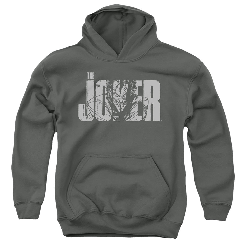 AN OFFCIALLY LICENSED BATMAN JOKER TEXT ON GRAY YOUTH HOODIE CHARCOAL