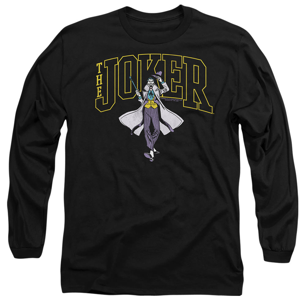 AN OFFCIALLY LICENSED BATMAN JOKER VARSITY ON BLACK MEN'S LONG SLEEVE T-SHIRT BLACK