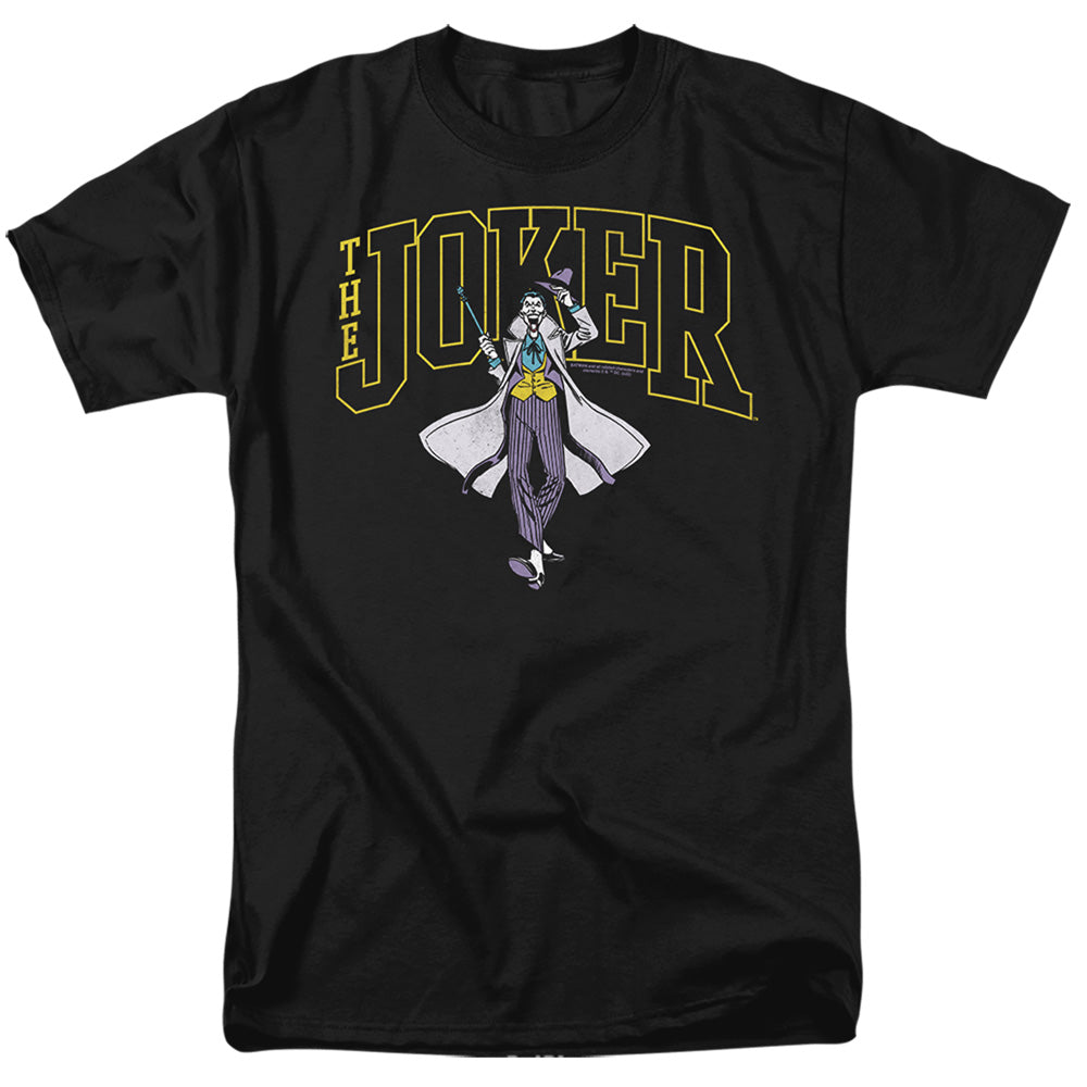 AN OFFCIALLY LICENSED BATMAN JOKER VARSITY ON BLACK MEN'S REGULAR FIT T-SHIRT BLACK