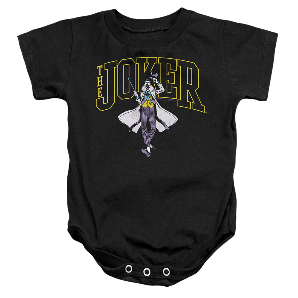 AN OFFCIALLY LICENSED BATMAN JOKER VARSITY ON BLACK BABY BODYSUIT BLACK