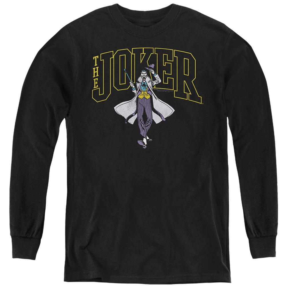 AN OFFCIALLY LICENSED BATMAN JOKER VARSITY ON BLACK YOUTH LONG SLEEVE T-SHIRT BLACK