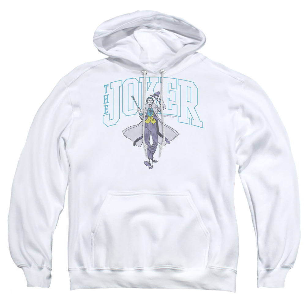 AN OFFCIALLY LICENSED BATMAN JOKER VARSITY ON WHITE ADULT UNISEX PULLOVER HOODIE WHITE