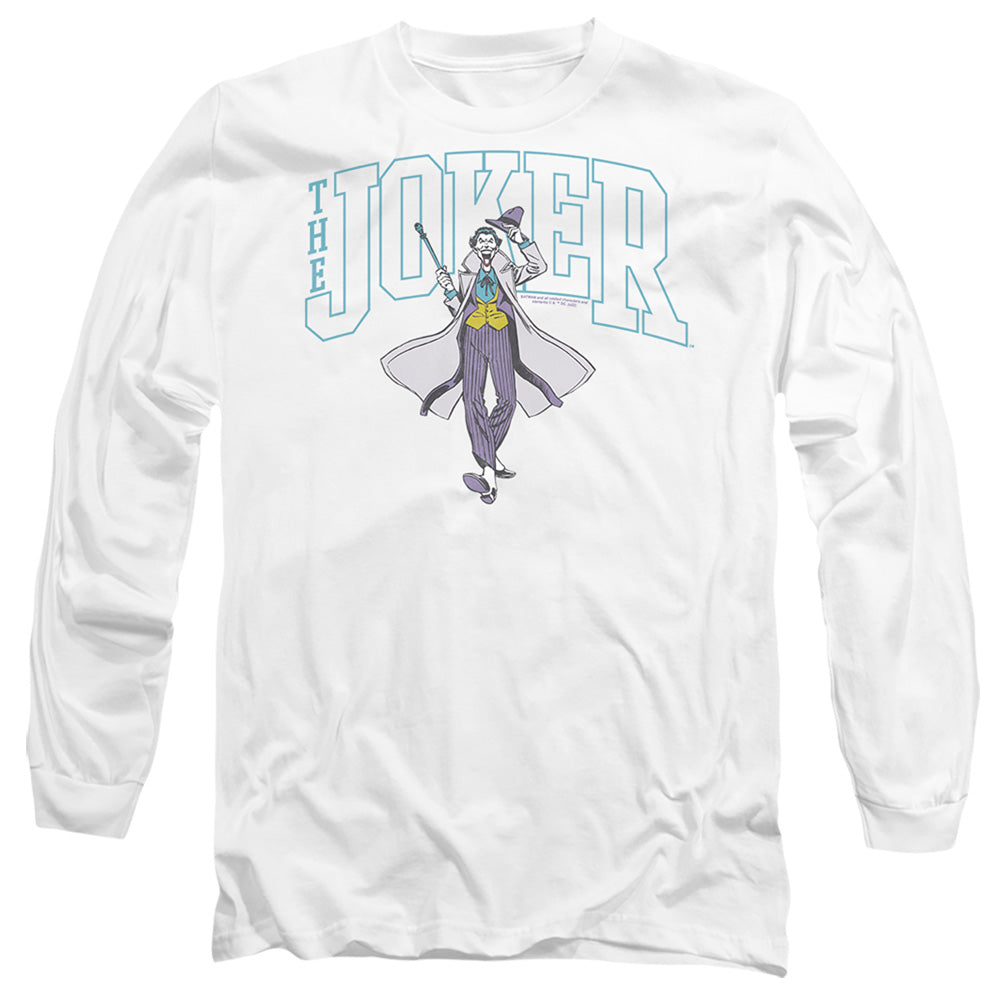 AN OFFCIALLY LICENSED BATMAN JOKER VARSITY ON WHITE MEN'S LONG SLEEVE T-SHIRT WHITE