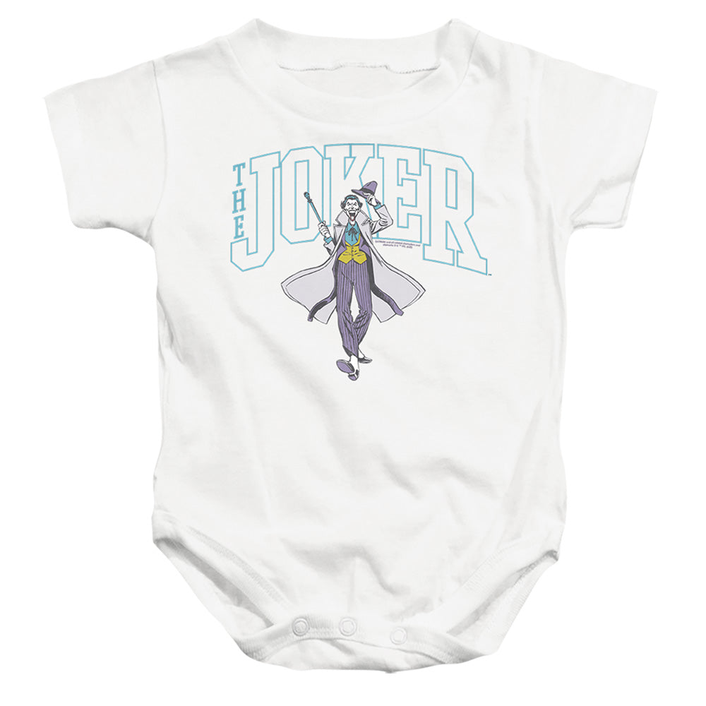AN OFFCIALLY LICENSED BATMAN JOKER VARSITY ON WHITE BABY BODYSUIT WHITE