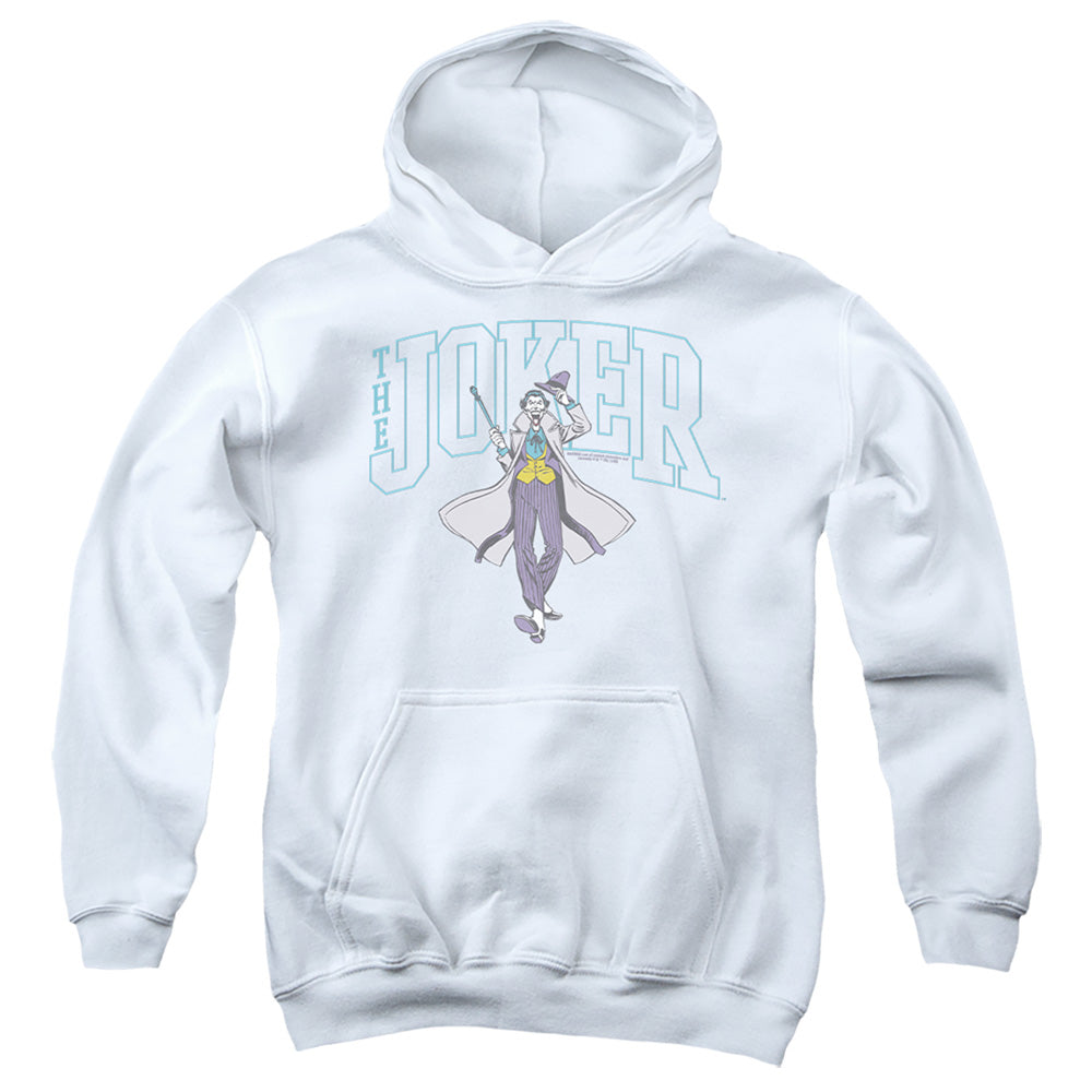 AN OFFCIALLY LICENSED BATMAN JOKER VARSITY ON WHITE YOUTH HOODIE WHITE