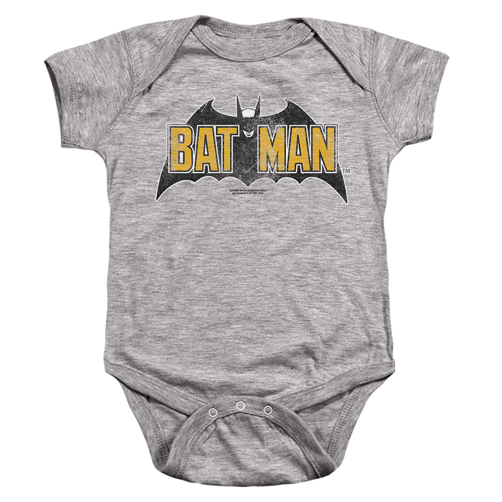 AN OFFCIALLY LICENSED BATMAN VINTAGE BAT LOGO ON GRAY BABY BODYSUIT ATHLETIC HEATHER