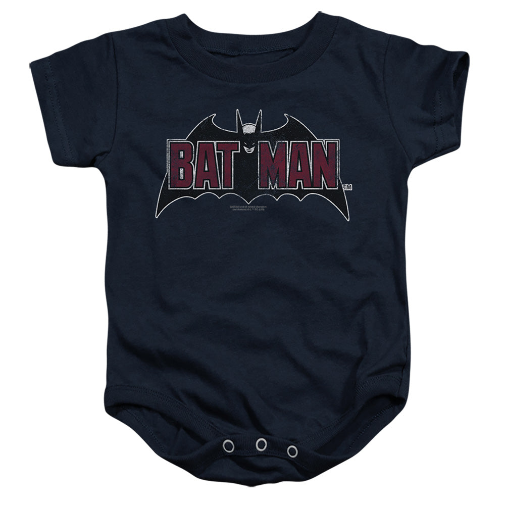 AN OFFCIALLY LICENSED BATMAN VINTAGE BAT LOGO ON NAVY BABY BODYSUIT NAVY
