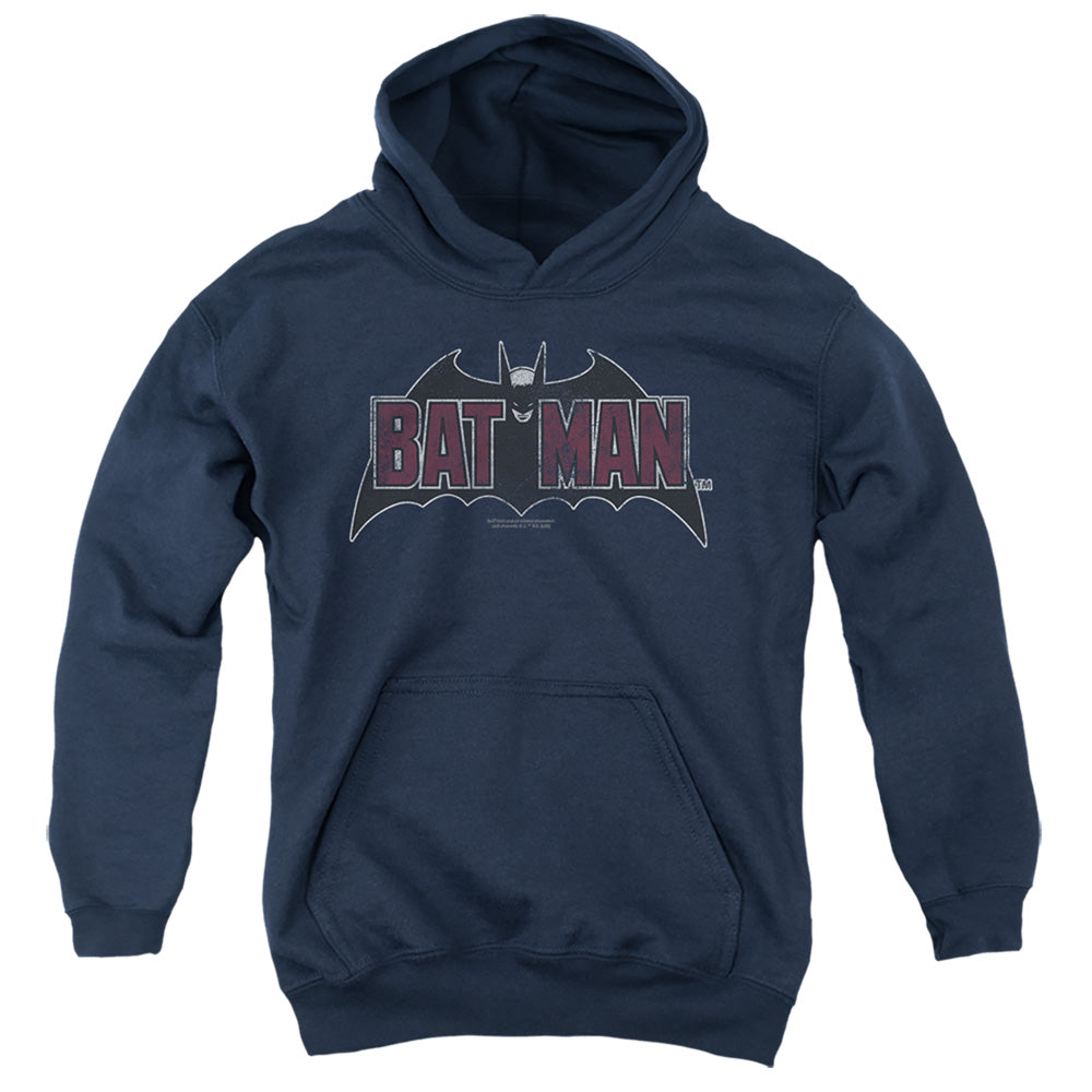 AN OFFCIALLY LICENSED BATMAN VINTAGE BAT LOGO ON NAVY YOUTH HOODIE NAVY