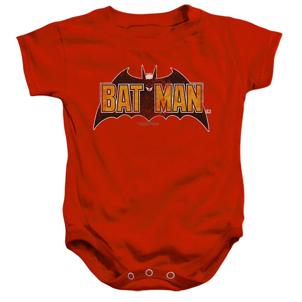 AN OFFCIALLY LICENSED BATMAN VINTAGE BAT LOGO ON RED BABY BODYSUIT RED