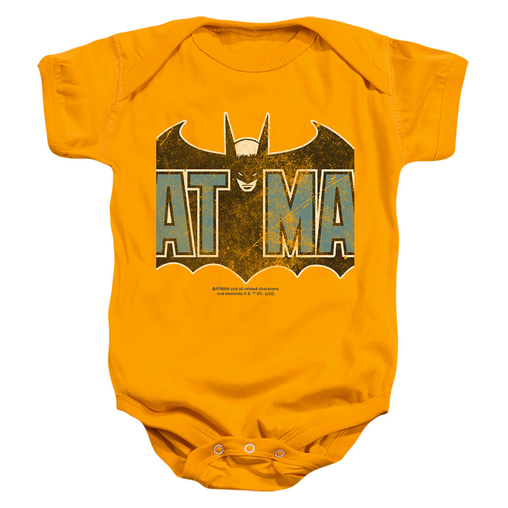 AN OFFCIALLY LICENSED BATMAN VINTAGE BAT LOGO ON GOLD BABY BODYSUIT GOLD
