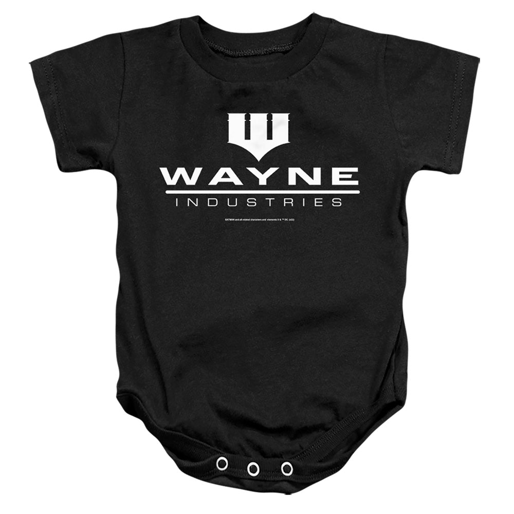 AN OFFCIALLY LICENSED BATMAN WAYNE LOGO ON BLACK BABY BODYSUIT BLACK
