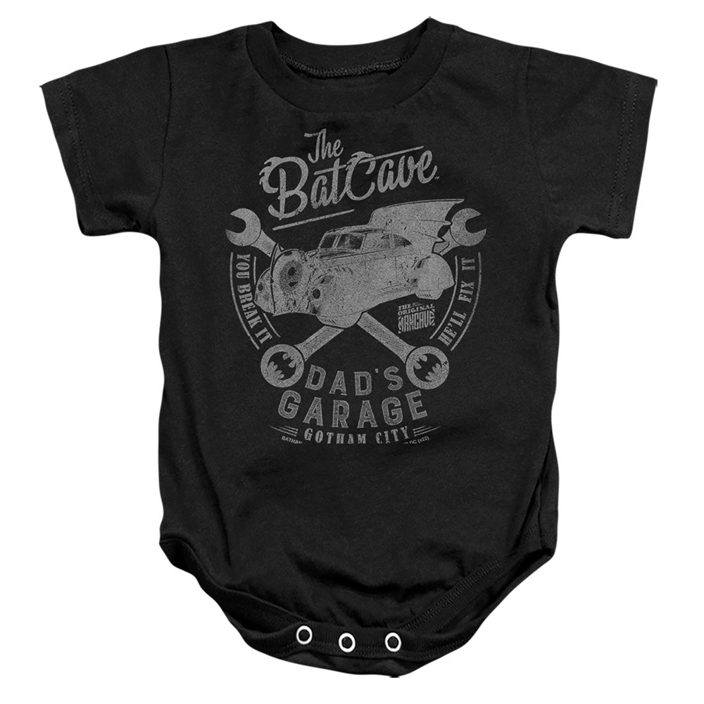 AN OFFCIALLY LICENSED BATMAN DAD'S GARAGE BABY BODYSUIT BLACK