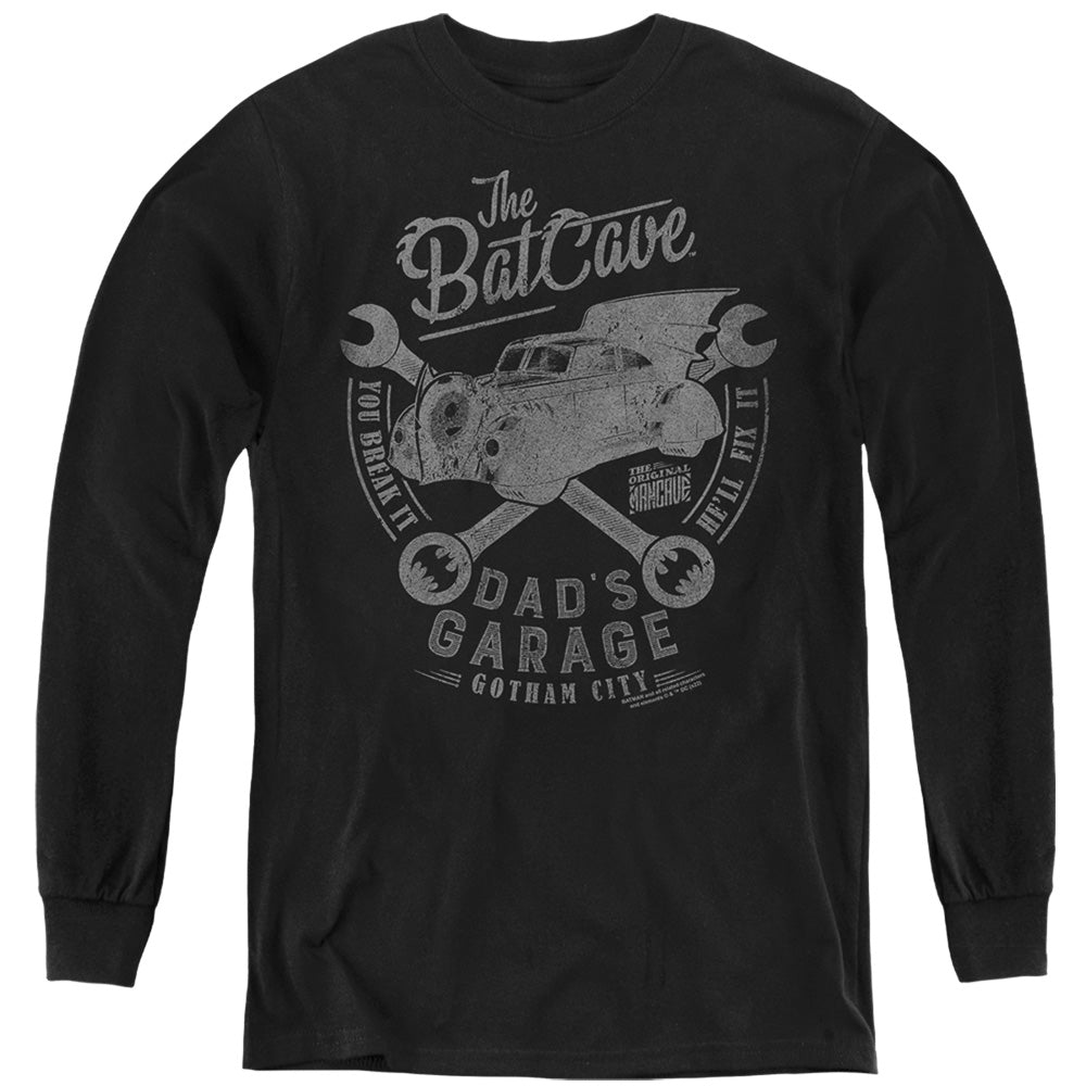 AN OFFCIALLY LICENSED BATMAN DAD'S GARAGE YOUTH LONG SLEEVE T-SHIRT BLACK