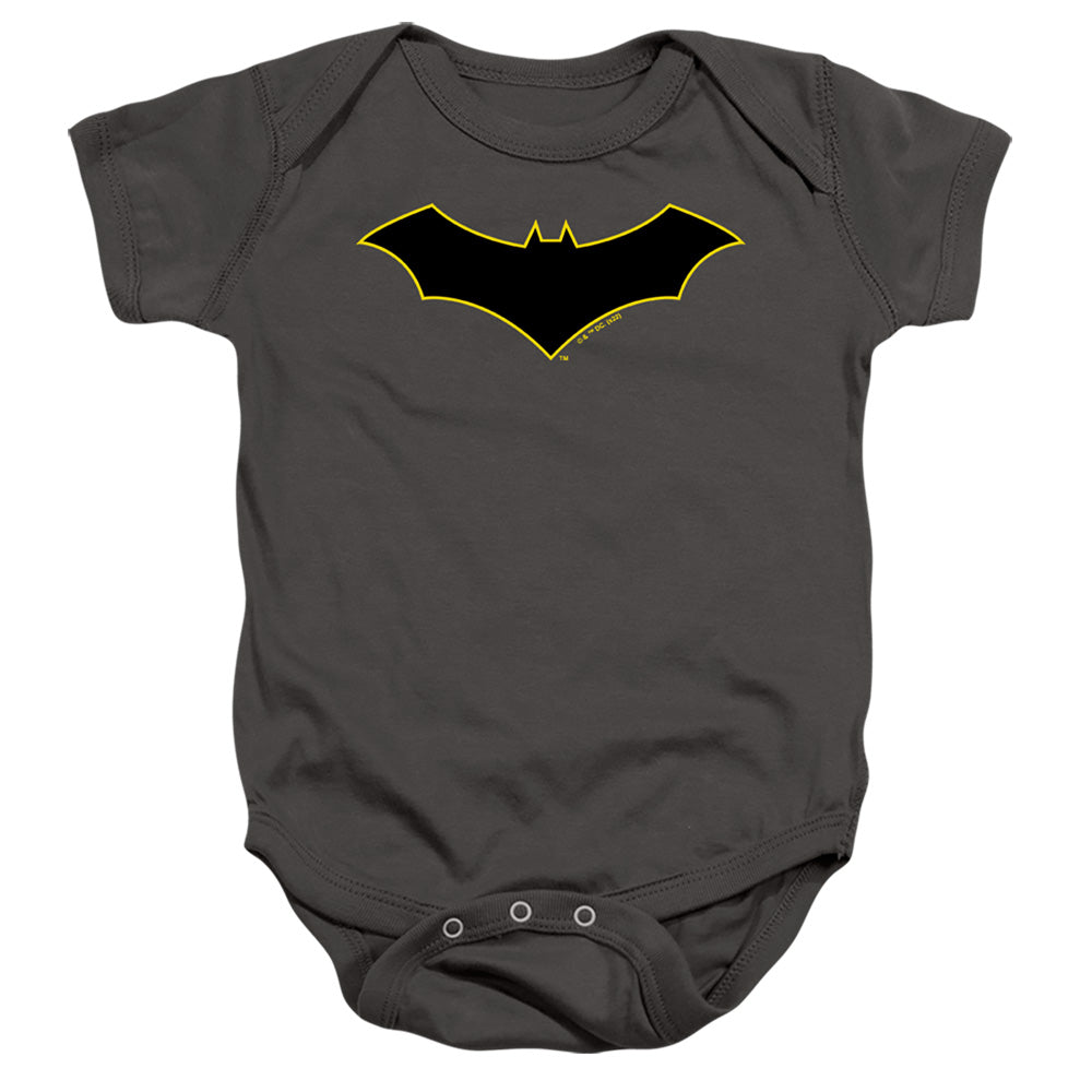 AN OFFCIALLY LICENSED BATMAN BATMAN LOGO YELLOW OUTLINE BABY BODYSUIT CHARCOAL