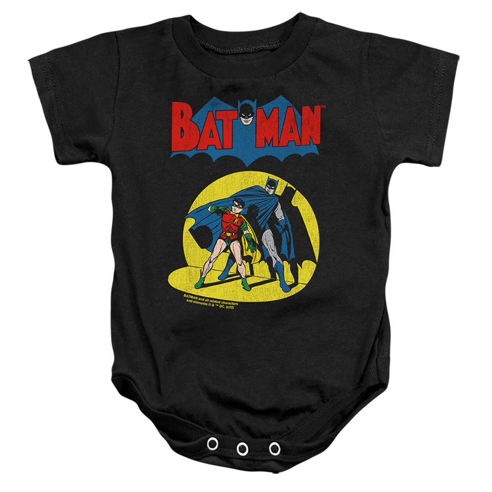 AN OFFCIALLY LICENSED BATMAN BATMAN AND ROBIN SPOTLIGHT BABY BODYSUIT BLACK