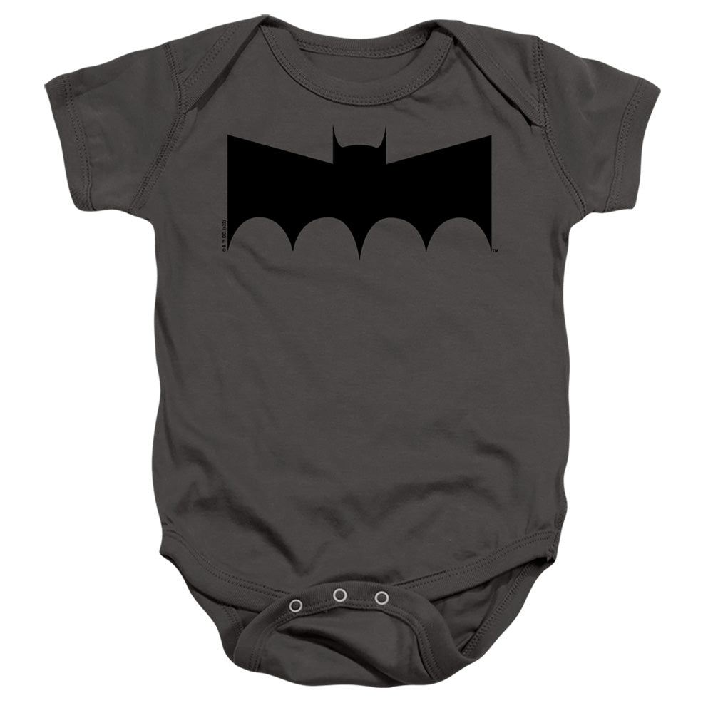 AN OFFCIALLY LICENSED BATMAN 50S BATMAN LOGO BABY BODYSUIT CHARCOAL