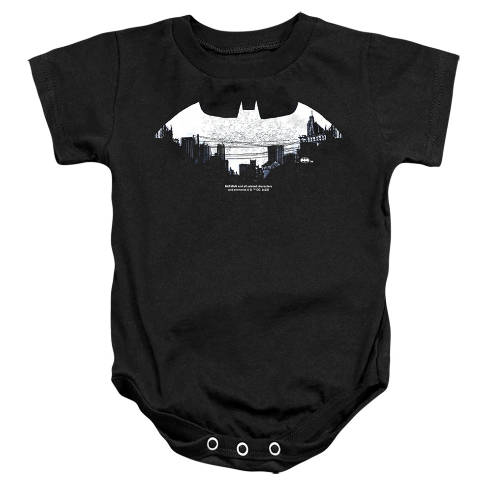 AN OFFCIALLY LICENSED BATMAN BAT LOGO CITYSCAPE BABY BODYSUIT BLACK
