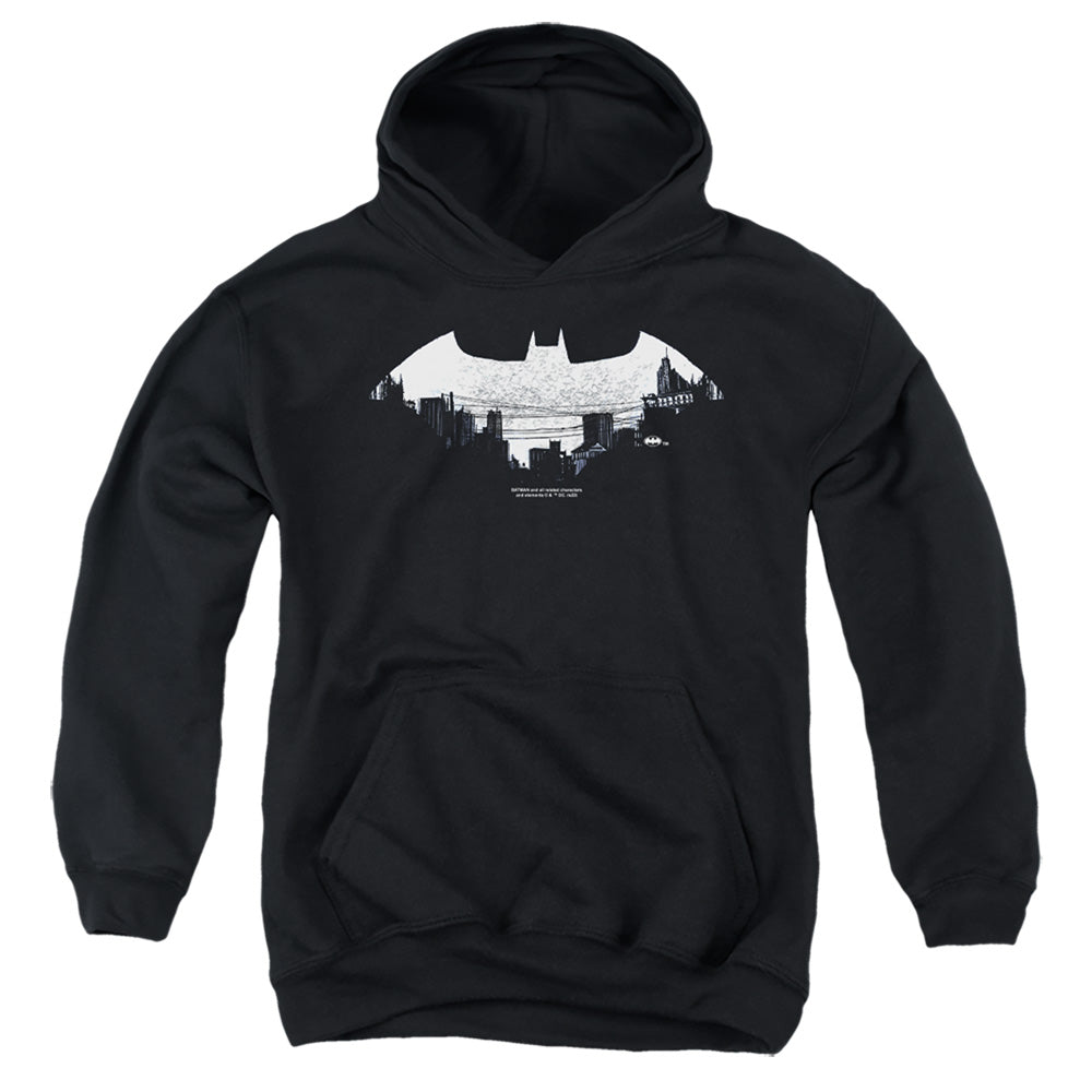 AN OFFCIALLY LICENSED BATMAN BAT LOGO CITYSCAPE YOUTH HOODIE BLACK