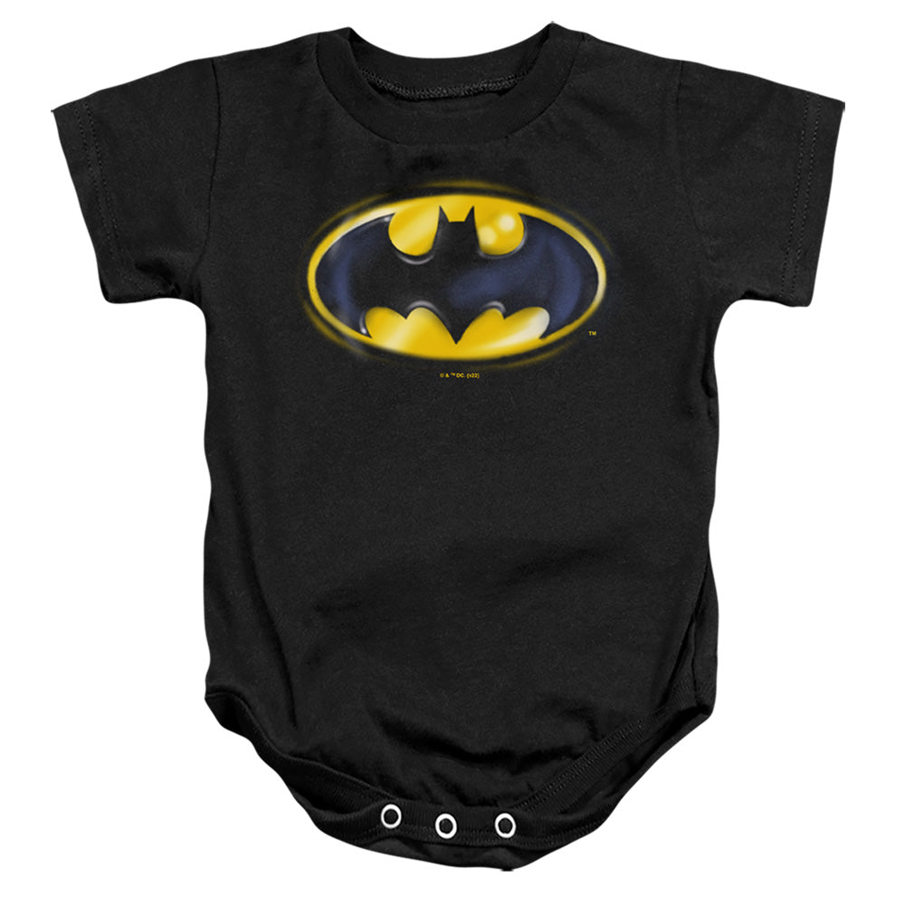 AN OFFCIALLY LICENSED BATMAN BATMAN AIRBRUSH LOGO BABY BODYSUIT BLACK