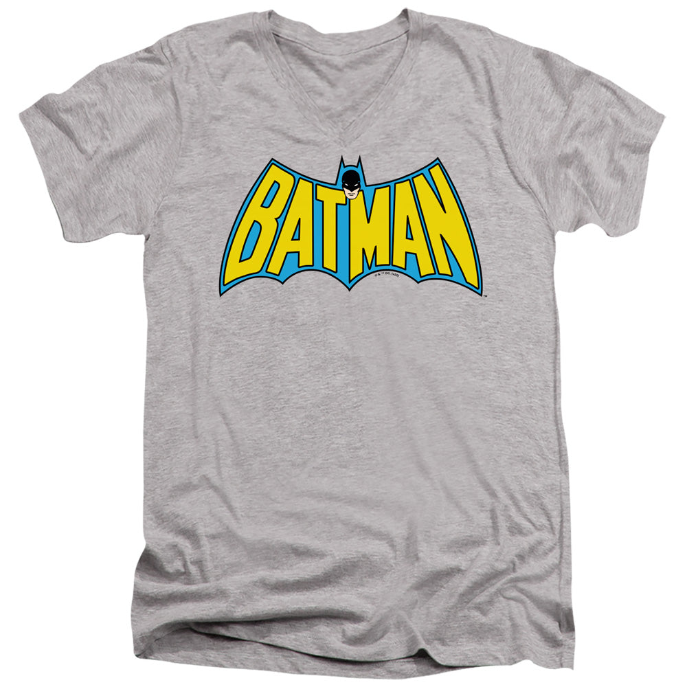 AN OFFCIALLY LICENSED BATMAN WINTAGE BATMAN LOGO MEN'S V-NECK T-SHIRT ATHLETIC HEATHER