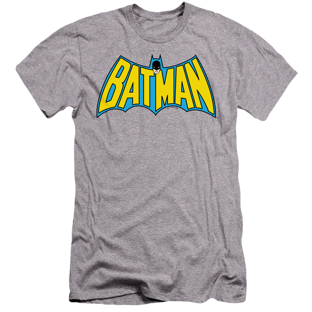 AN OFFCIALLY LICENSED BATMAN WINTAGE BATMAN LOGO MEN'S PREMIUM SLIM FIT T-SHIRT ATHLETIC HEATHER