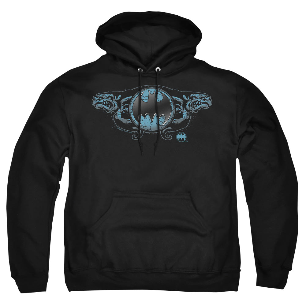AN OFFCIALLY LICENSED BATMAN TWO GARGOYLES LOGO ADULT UNISEX PULLOVER HOODIE BLACK