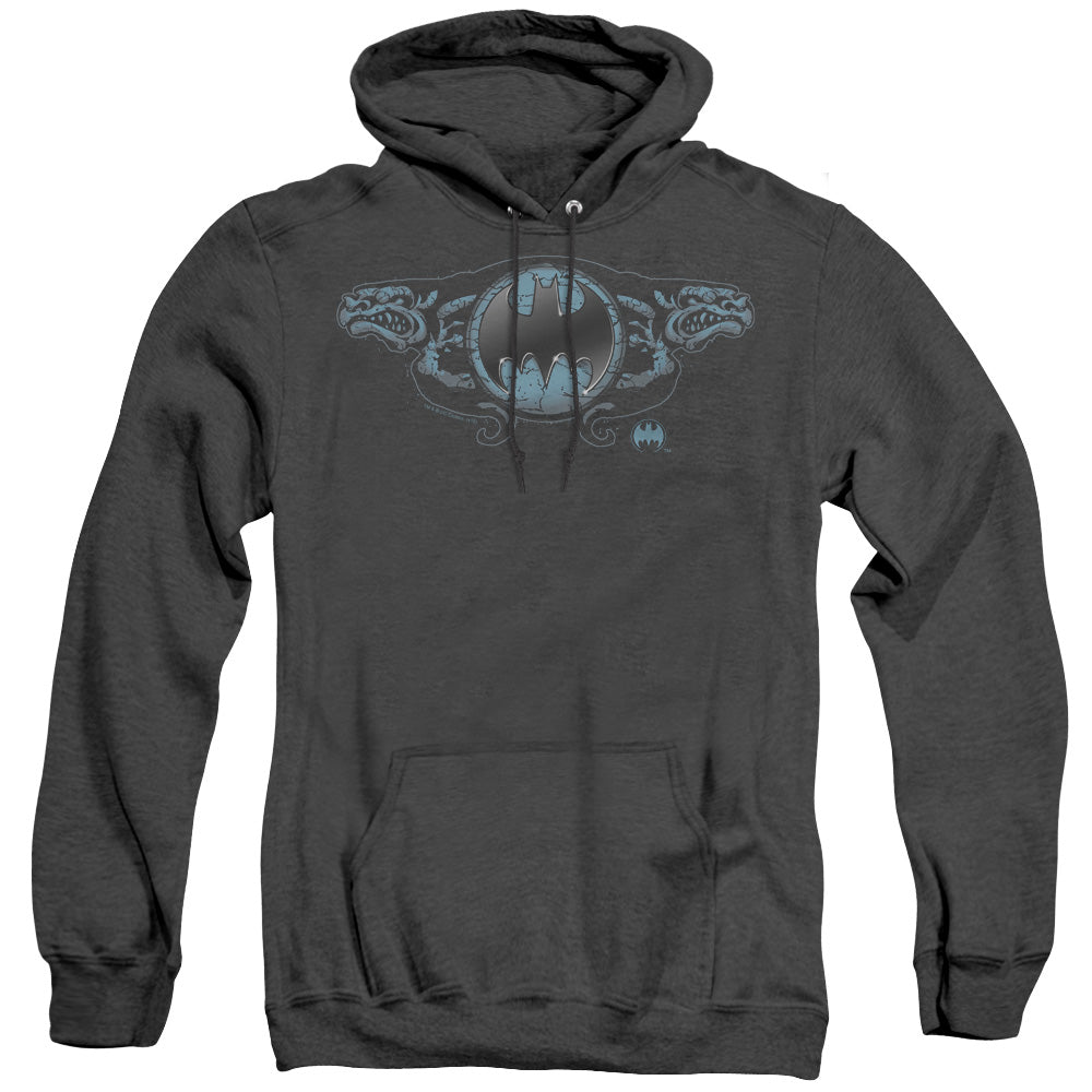 AN OFFCIALLY LICENSED BATMAN TWO GARGOYLES LOGO ADULT UNISEX HEATHER PULLOVER HOODIE BLACK