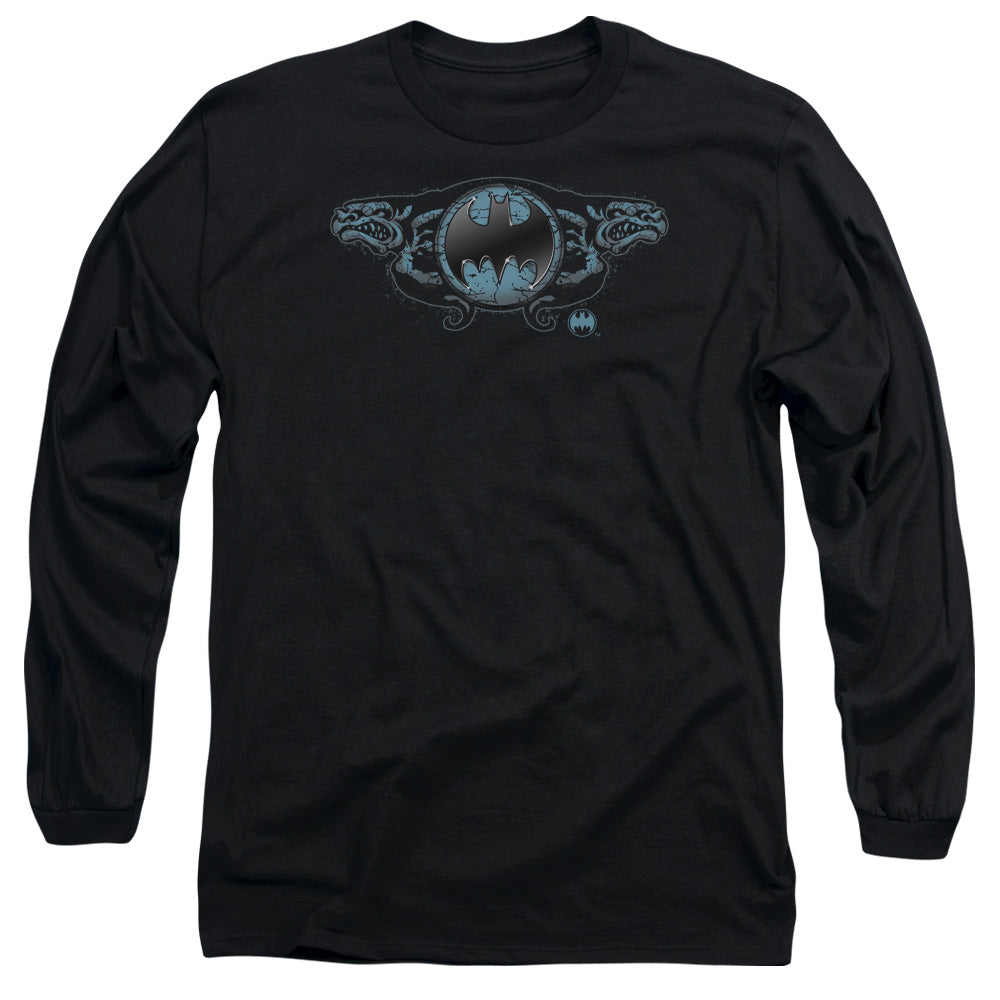 AN OFFCIALLY LICENSED BATMAN TWO GARGOYLES LOGO MEN'S LONG SLEEVE T-SHIRT BLACK