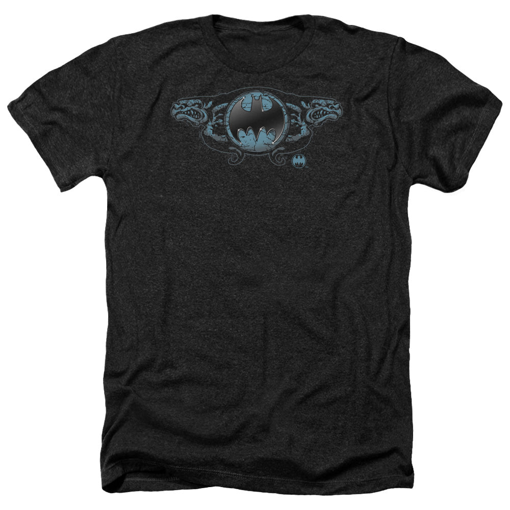AN OFFCIALLY LICENSED BATMAN TWO GARGOYLES LOGO MEN'S HEATHER T-SHIRT CHARCOAL
