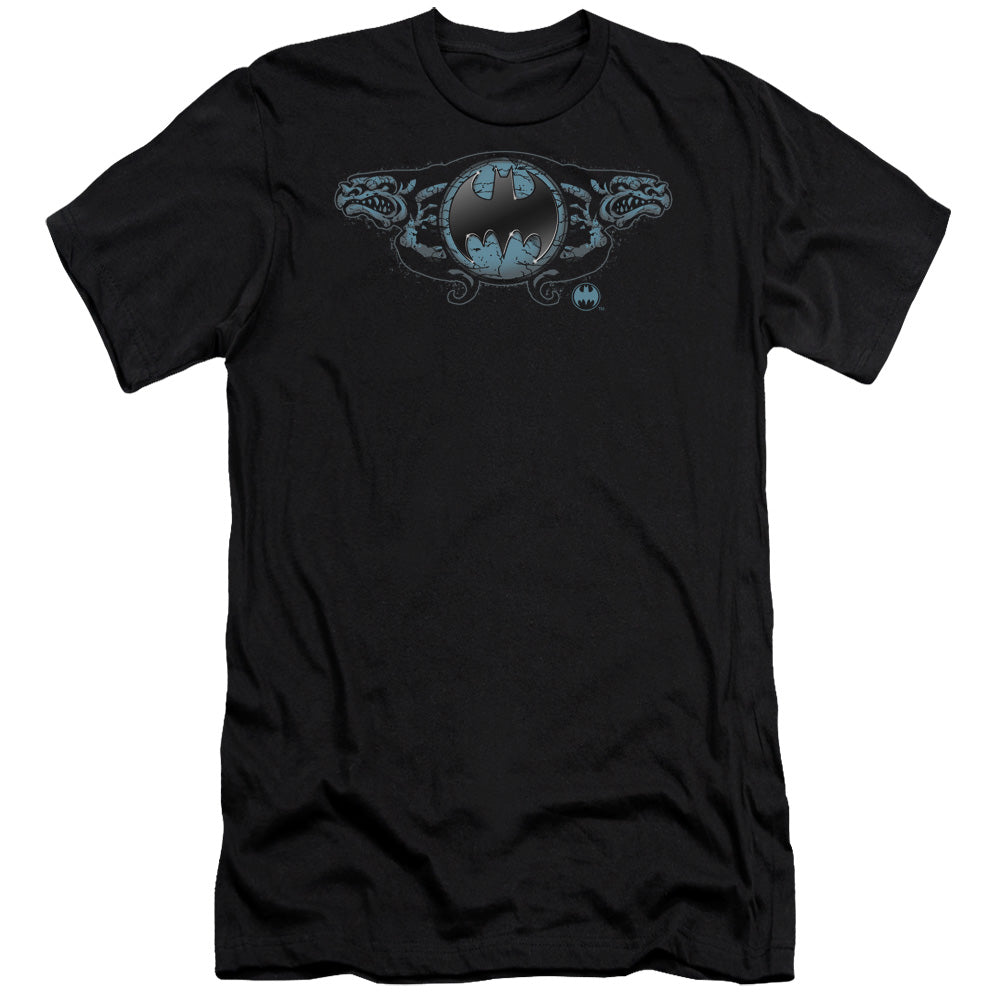 AN OFFCIALLY LICENSED BATMAN TWO GARGOYLES LOGO MEN'S PREMIUM SLIM FIT T-SHIRT BLACK