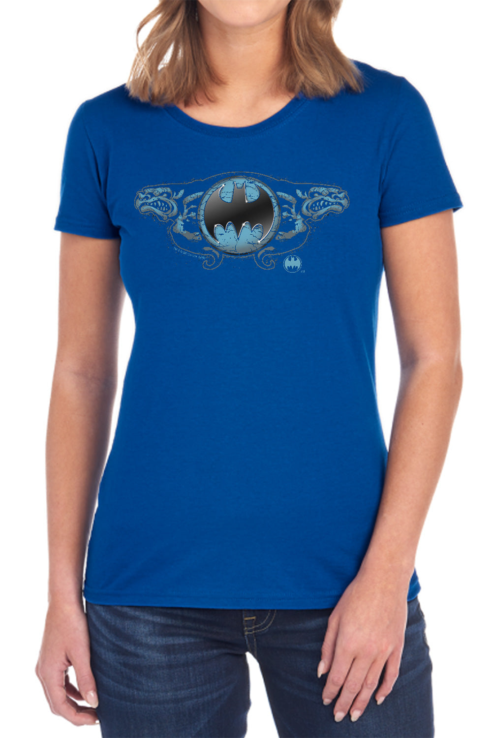 AN OFFCIALLY LICENSED BATMAN TWO GARGOYLES LOGO WOMEN'S REGULAR FIT T-SHIRT BLACK