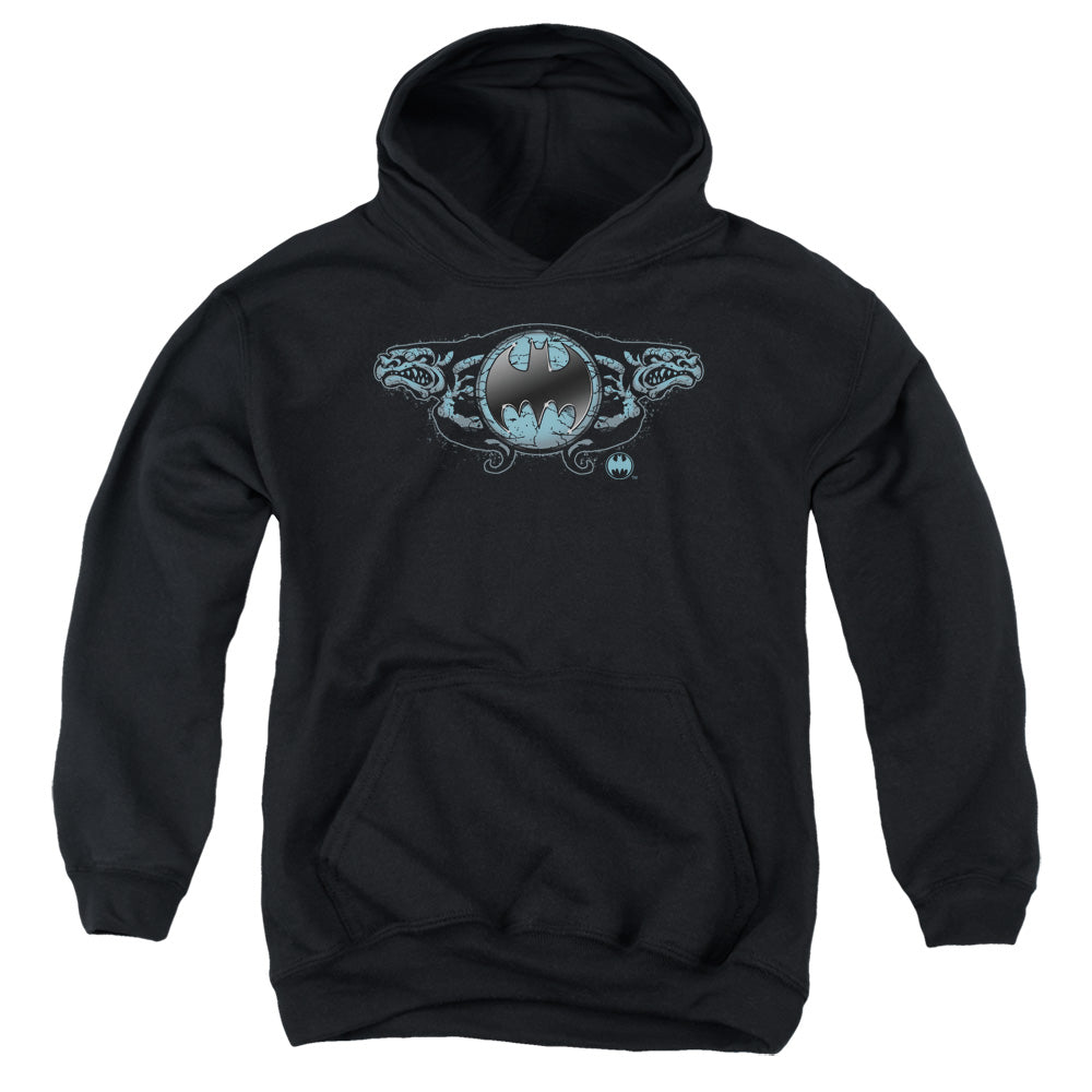 AN OFFCIALLY LICENSED BATMAN TWO GARGOYLES LOGO YOUTH HOODIE BLACK