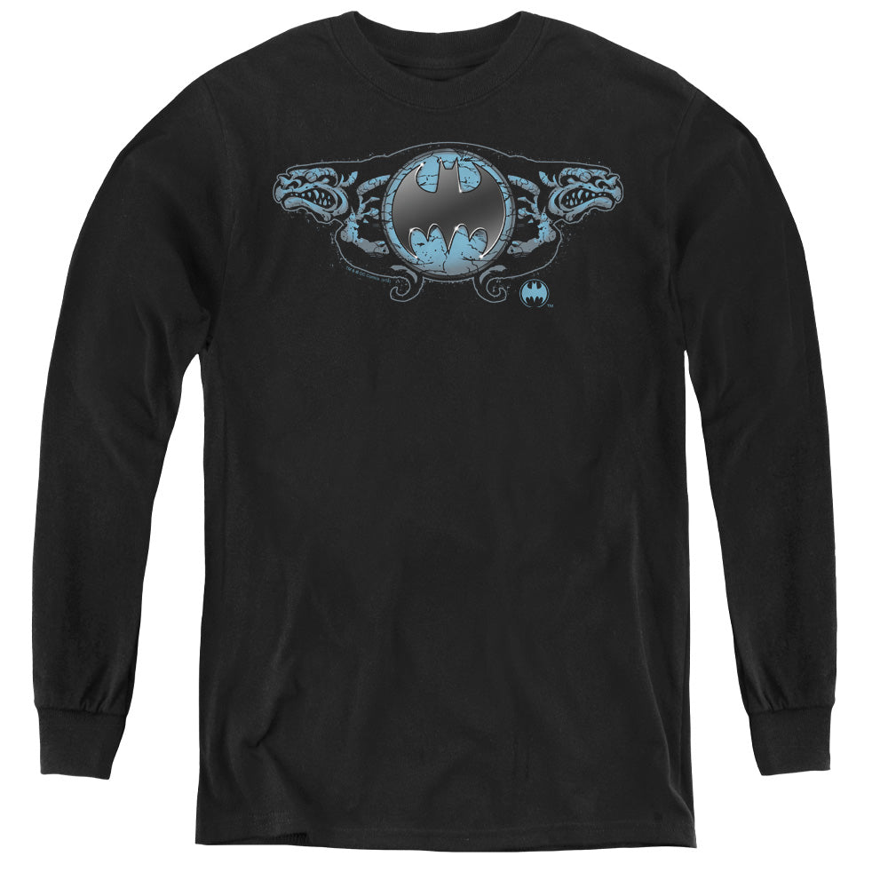 AN OFFCIALLY LICENSED BATMAN TWO GARGOYLES LOGO YOUTH LONG SLEEVE T-SHIRT BLACK