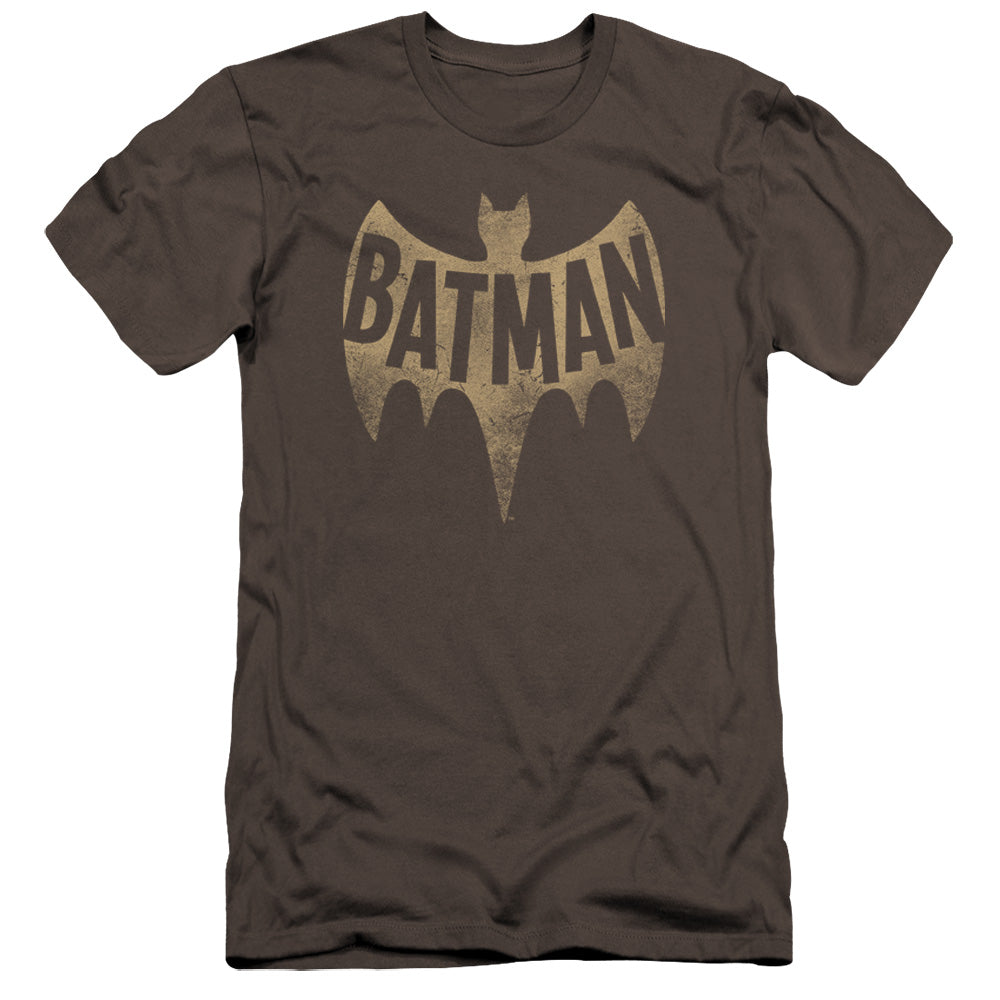 AN OFFCIALLY LICENSED BATMAN CLASSIC TV VINTAGE LOGO MEN'S PREMIUM SLIM FIT T-SHIRT CHARCOAL