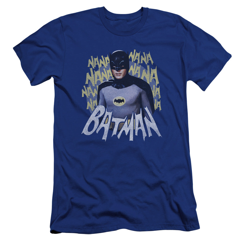 AN OFFCIALLY LICENSED BATMAN CLASSIC TV THEME SONG MEN'S PREMIUM SLIM FIT T-SHIRT ROYAL